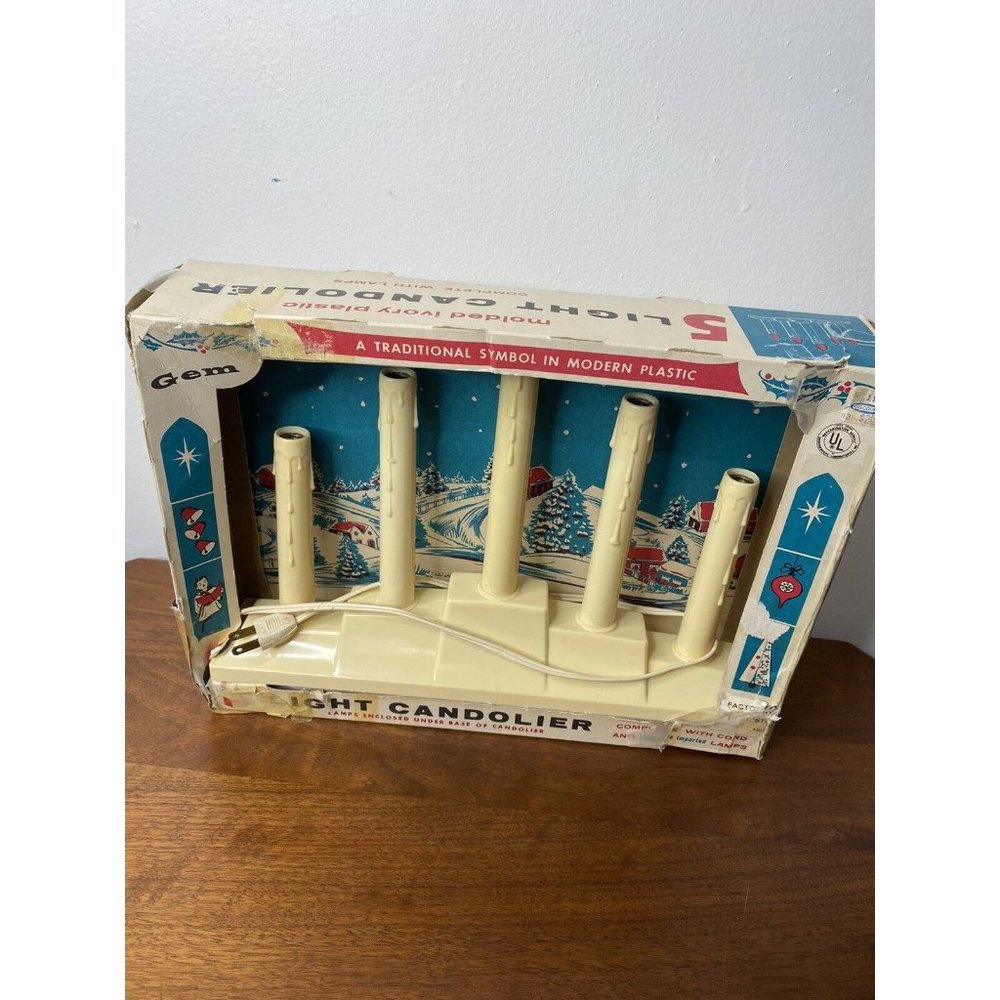 Vintage In Box Gem 5 Light Candolier Lamp Christmas Candelabra Plastic Holiday